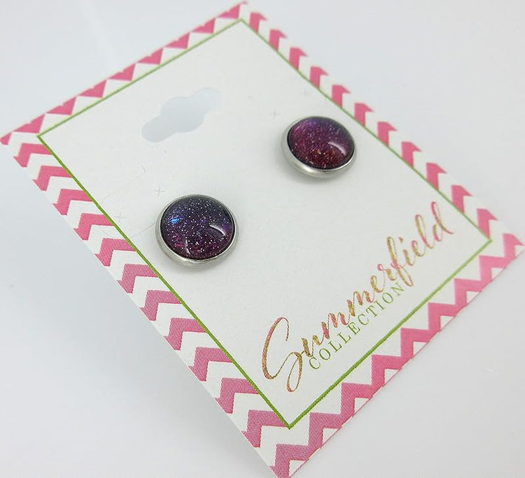 Summerfield Collection Stainless Steel Dark Galaxy Blue Colorshifting to Purple and Red Glitter Glass Stud Earrings Hand-painted 10mm