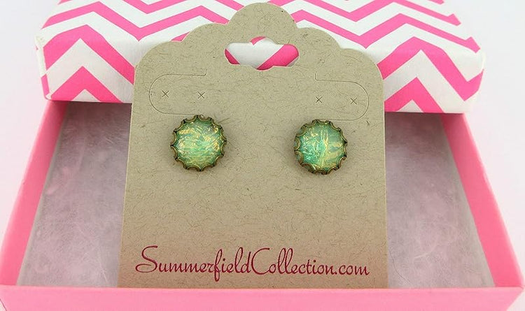 Summerfield Collection Antiqued Gold-tone Green AB Resin Opalescent Flake Stud Earrings 10mm