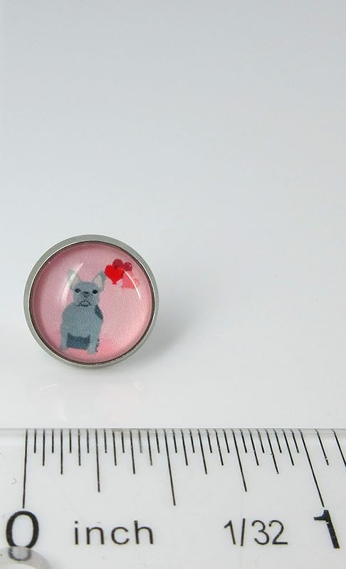 Summerfield Collection Stainless Steel Pink Gray French Bulldog Hearts Print Glass Stud Earrings 12mm