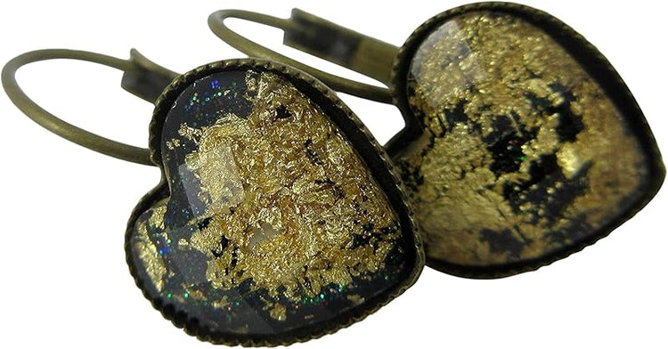 Summerfield Collection Antiqued Gold-tone Leaf Foil Black Glitter Resin Heart Drop Earrings Lever-back 12mm