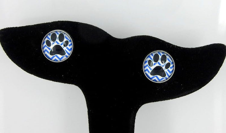 Summerfield Collection Stainless Steel Chevron and Black Paw Print Glass Stud Earrings 12mm (Royal Blue)