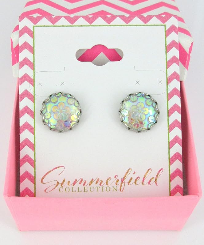 Summerfield Collection Stainless Steel Iridescent Clear AB Flower Resin Stud Earrings 12mm Translucent