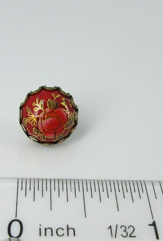 Summerfield Collection Antiqued Gold-tone Floral Print Stud Earrings 12mm (Red)