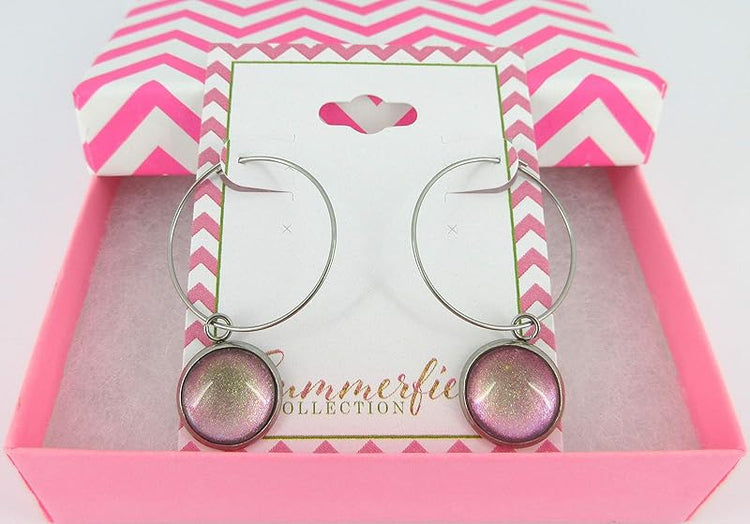 Summerfield Collection Stainless Steel Pink Opalescent Glass Charm Hoop Earrings Hand-painted 1"