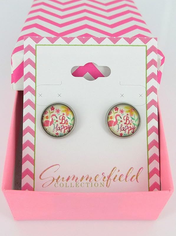 Summerfield Collection Stainless Steel Be Happy Flamingo Print Glass 12mm Stud Earrings