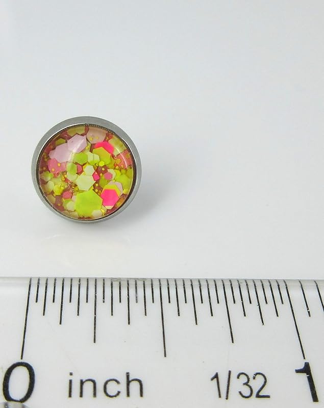 Summerfield Collection Stainless Steel Strawberry Lemonade Glitter Glass Stud Earrings Hand-painted 10mm