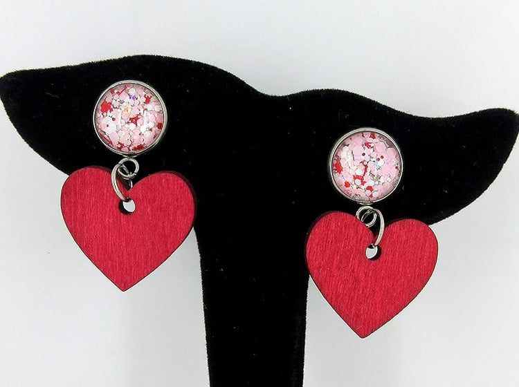 Summerfield Collection Stainless Steel Pink White Glitter Glass Red Heart Wood Drop Earrings