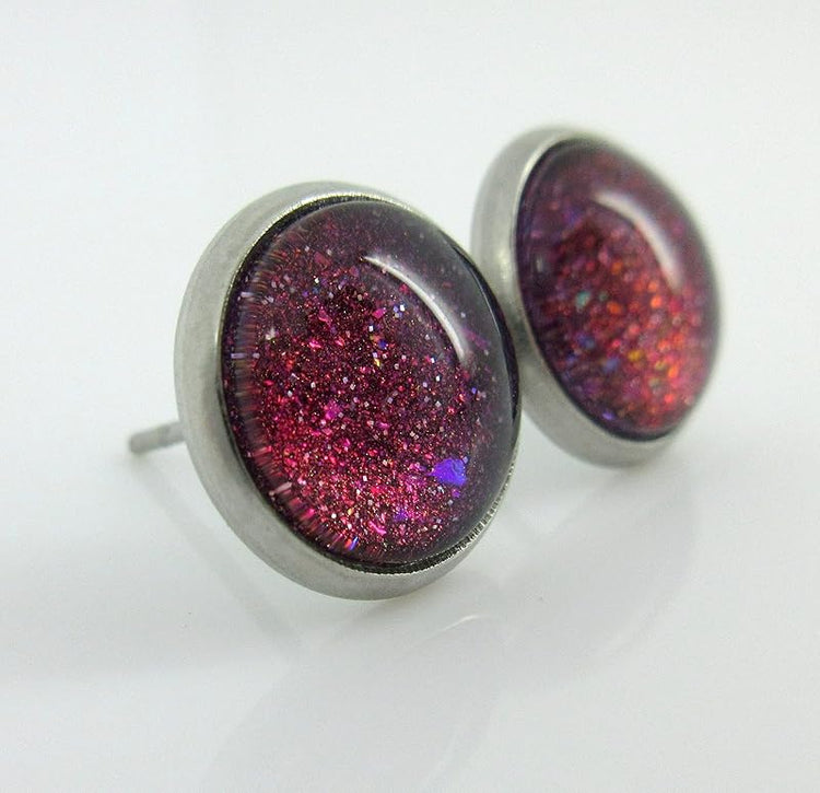 Summerfield Collection Stainless Steel Dark Galaxy Blue Colorshifting to Purple and Red Glitter Glass Stud Earrings Hand-painted 10mm