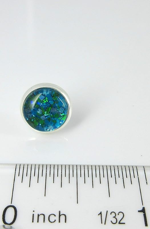 Summerfield Collection Silver-tone Aqua Blue and Green Glitter Glass Stud Earrings Hand-painted 10mm