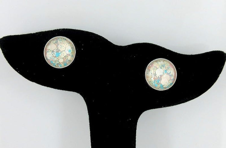 Summerfield Collection Silver-tone Pink Aqua Blue White and Lime Green Glitter Glass Stud Earrings Hand-painted 12mm