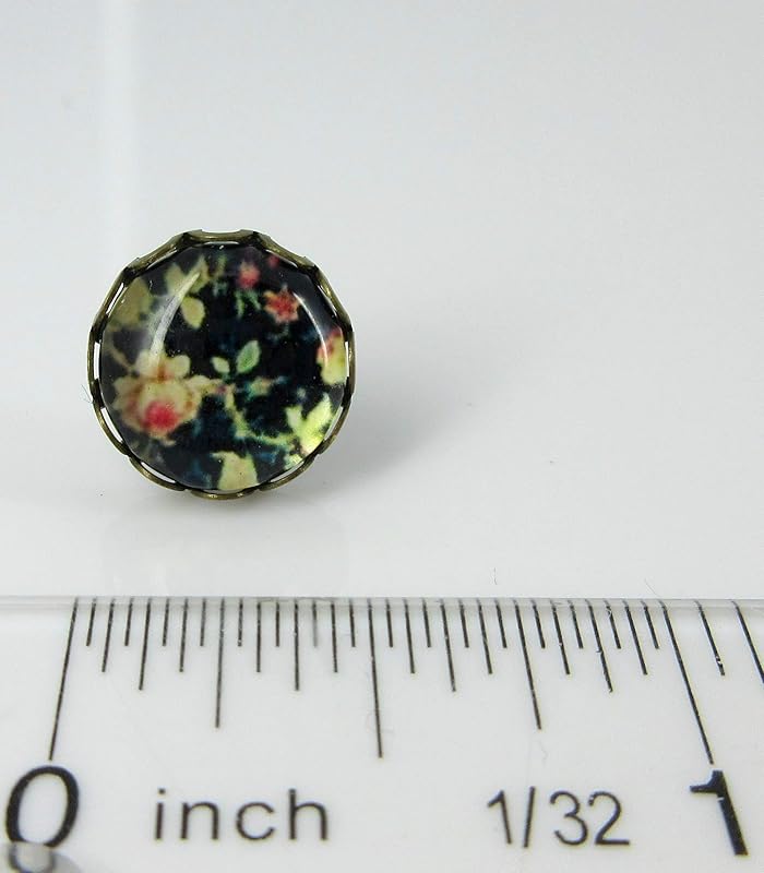 Summerfield Collection Antiqued Gold-tone Black and Pink Flower Print Glass Stud Earrings 12mm