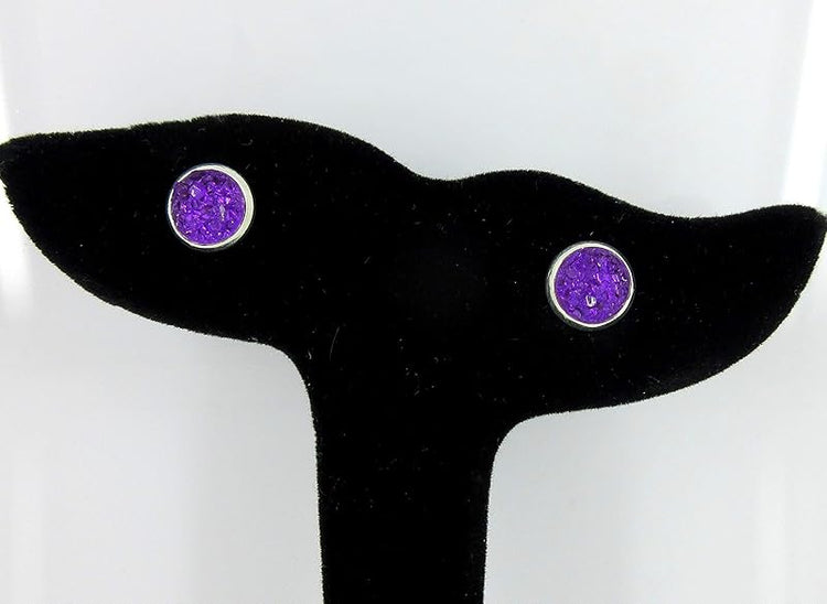 Summerfield Collection Duo Silver-tone Faux Druzy Stone Stud Earrings 8mm Set (Deep Purple/Green)
