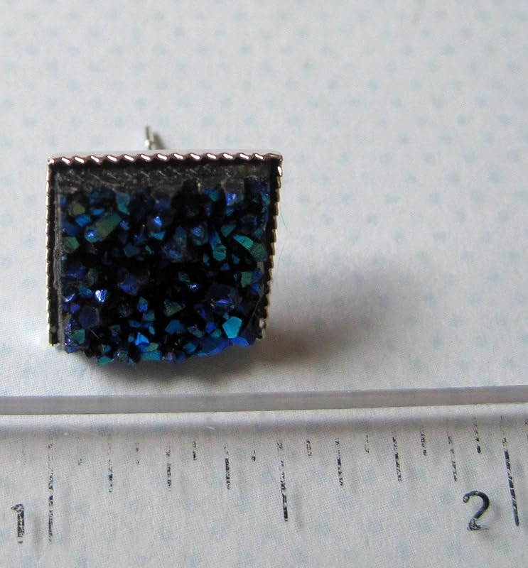 Summerfield Collection Silver-tone Metallic Geometric Square Shaped Chunky Faux Druzy Stud Earrings 12mm Statement (Blue)