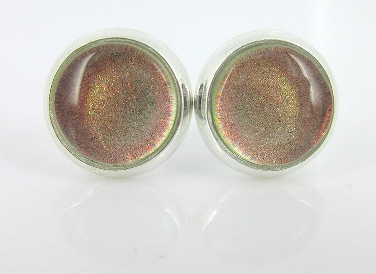 Summerfield Collection Silver-tone Peach Color Shift Glitter Glass Stud Earrings Hand-painted 8mm