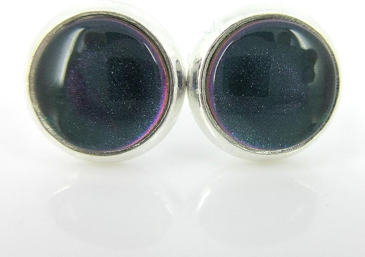 Summerfield Collection Silver-tone Dark Green Blue Color Shift Glitter Glass Stud Earrings Hand-painted 8mm