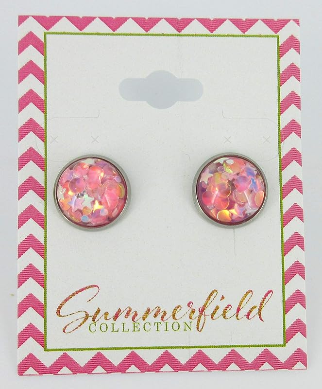 Summerfield Collection Stainless Steel Glitter Resin Globe Stud Earrings 12mm (Medium Pink)