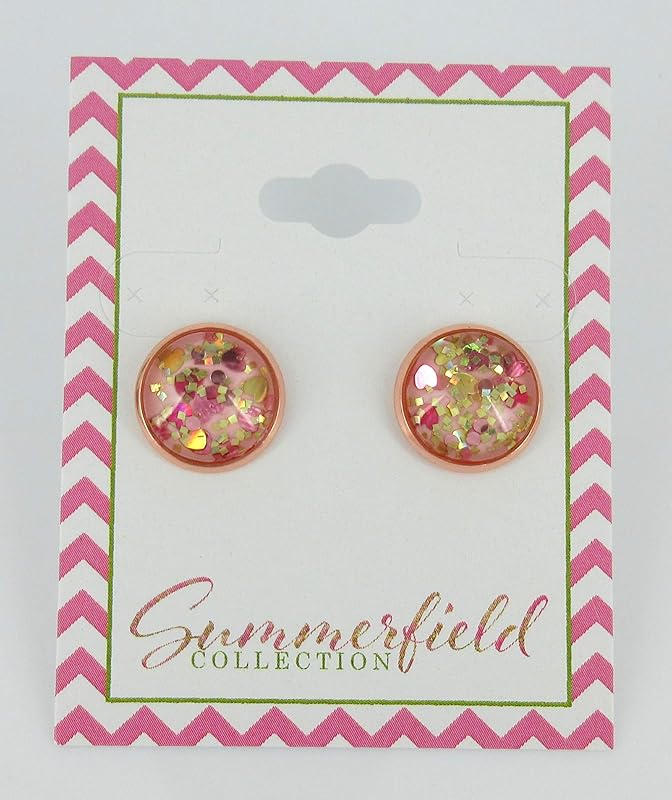 Summerfield Collection Rose Gold-tone Heart and Square Glitter Glass Stud Earrings Hand-painted 12mm