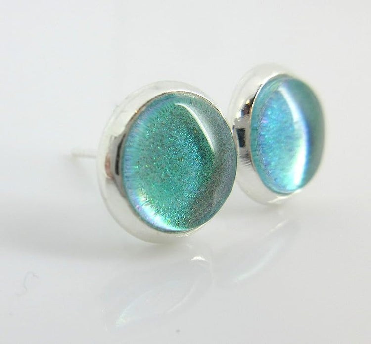 Summerfield Collection Silver-tone Light Blue Purple Pink Color Shift Glitter Glass Stud Earrings Hand-painted 8mm