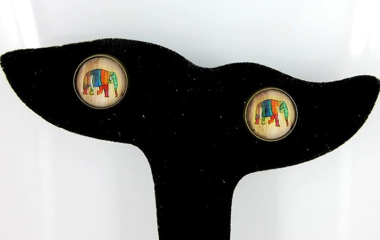 Summerfield Collection Antiqued Gold-tone Rainbow Elephant Print Glass Stud Earrings 12mm