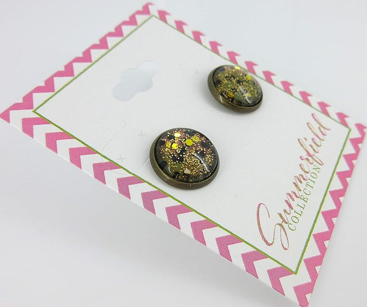 Summerfield Collection Antiqued Gold-tone Black and Silver Glitter Glass Stud Earrings Hand-painted 12mm