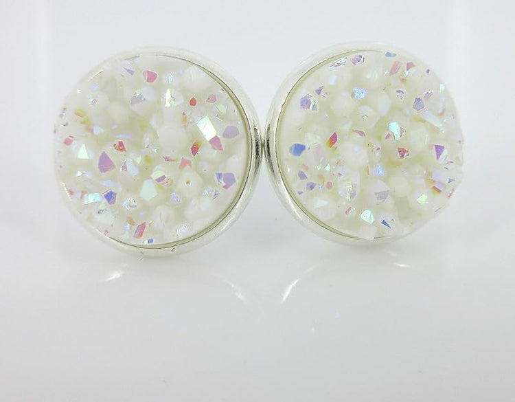 Summerfield Collection Trio Silver-tone White AB Blue Stud Earrings 12mm Faux Druzy Stone Set
