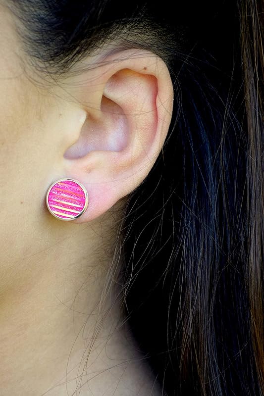 Summerfield Collection Silver-tone Frosted Metallic Stripe Stud Earrings 12mm (Pink AB)