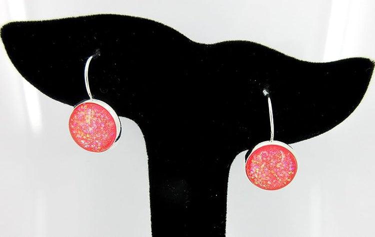 Summerfield Collection Silver-tone Coral Iridescent Glitter Glass Galaxy Drop Earrings Leverback Hand-painted