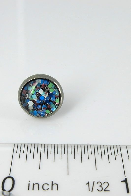 Summerfield Collection Hematite-tone Blue Green White Glitter Glass Stud Earrings Hand-painted 10mm