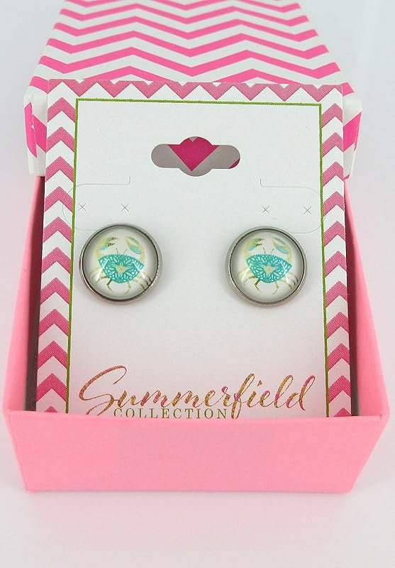 Summerfield Collection Stainless Steel Blue Crab Print Glass Stud Earrings 12mm