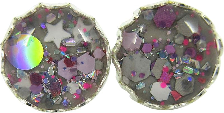 Summerfield Collection Silver-tone Gray Pink and White Glitter Glass Stud Earrings Hand-painted 10mm