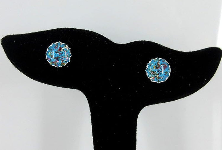 Summerfield Collection Silver-tone Aqua Blue and Rainbow Flake Glass Stud Earrings Hand-painted 10mm
