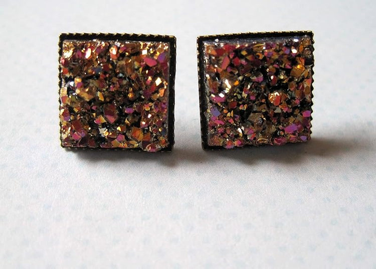 Summerfield Collection Metallic Gold and Pink Geometric Square Shaped Chunky Faux Druzy Stud Earrings 12mm Statement