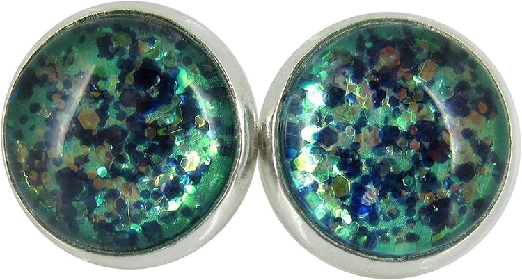 Summerfield Collection Silver-tone Mermaid Tail Glitter Glass Stud Earrings Hand-painted 12mm