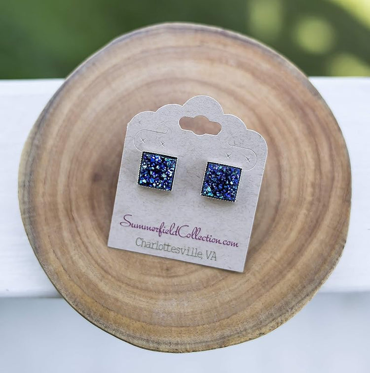 Summerfield Collection Silver-tone Metallic Geometric Square Shaped Chunky Faux Druzy Stud Earrings 12mm Statement (Blue)