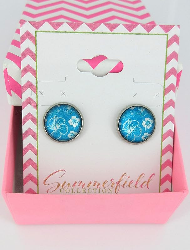 Summerfield Collection Stainless Steel Hibiscus Flower Print Glass Stud Earrings 12mm Hawaiian (Aqua Blue)