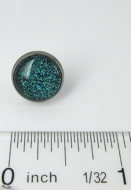 Summerfield Collection Hematite-tone Teal Green and Black Glitter Glass Stud Earrings Hand-painted 12mm