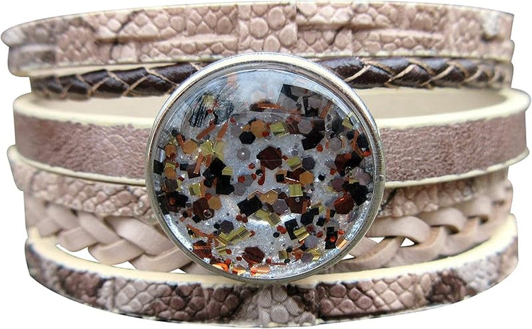 Summerfield Collection Interchangeable Snap Bracelet 3 Charm Set Brown Glitter Glass Layered Leather