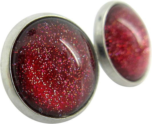Summerfield Collection Stainless Steel Red with Gold Glitter Glass Stud Earrings Hand-painted 12mm