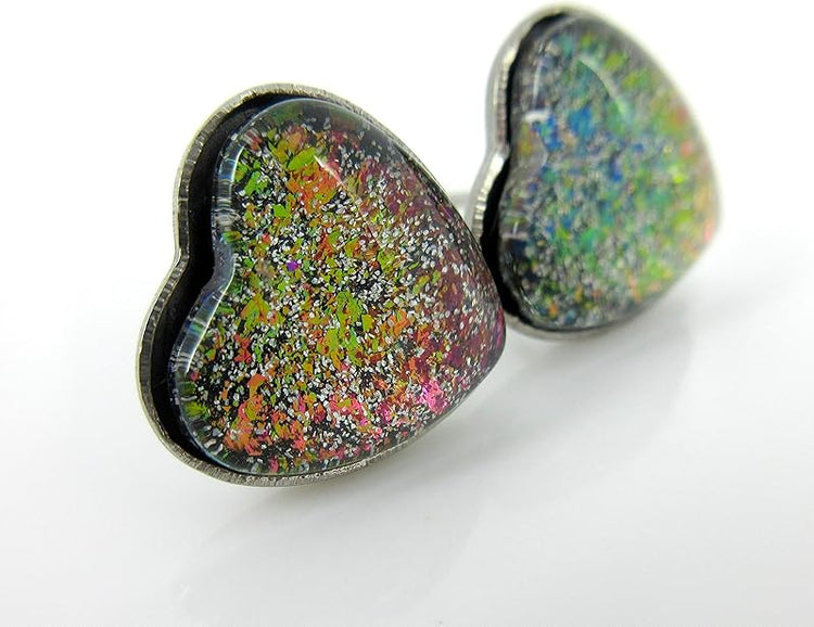Summerfield Collection Stainless Steel Black and Rainbow Flake Glitter Glass Heart Stud Earrings Hand-painted