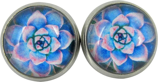 Summerfield Collection Stainless Steel Succulent Plant Print Glass Stud Earrings 12mm (Blue/Pink)