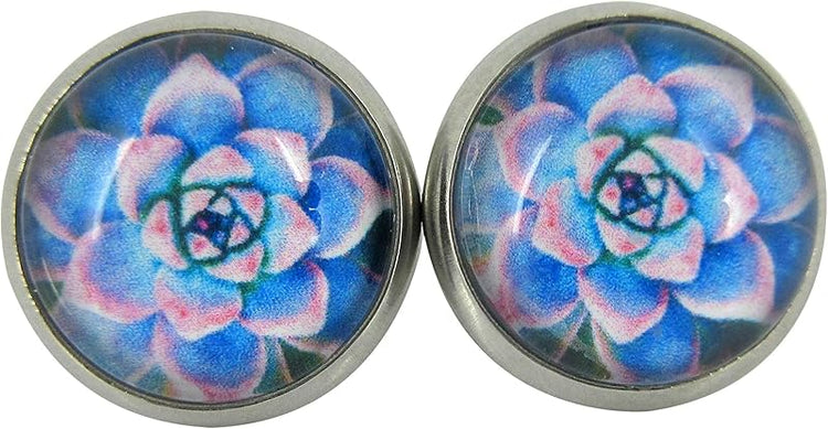 Summerfield Collection Stainless Steel Succulent Plant Print Glass Stud Earrings 12mm (Blue/Pink)