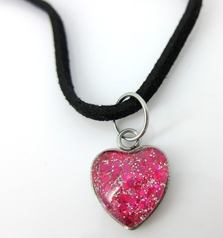 Summerfield Collection Hot Pink Hand-painted Glass Heart Choker Necklace Faux Black Suede Cord Stud Earrings Set