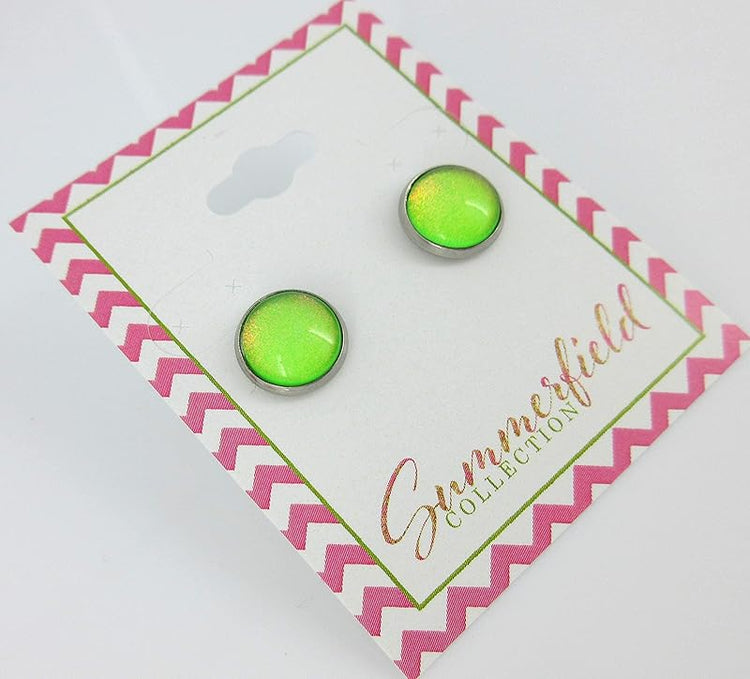 Summerfield Collection Stainless Steel Neon Green Colorshifting Glitter Glass Stud Earrings Hand-painted 10mm