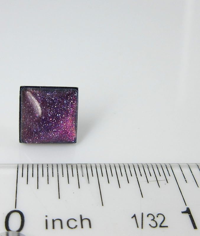 Summerfield Collection Stainless Steel Purple and Rainbow Glitter Glass Stud Earrings Hand-painted Square 10mm