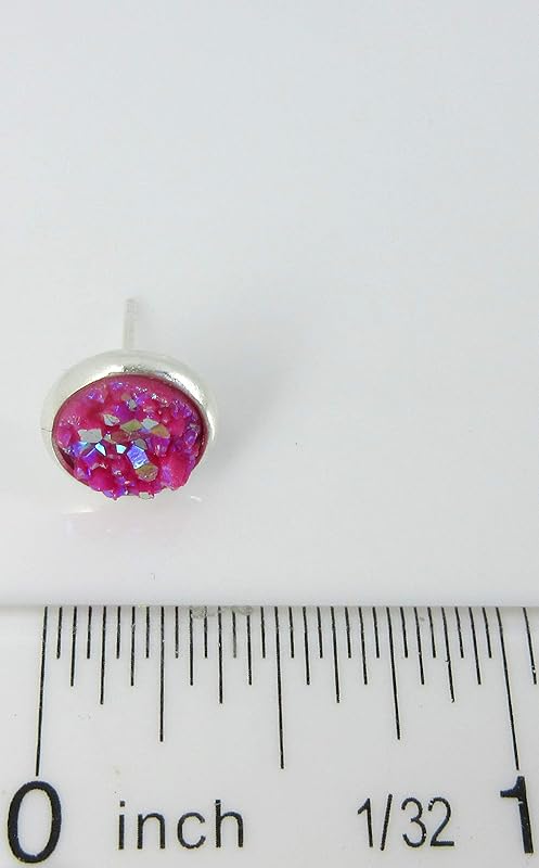 Summerfield Collection Duo Silver-tone Faux Druzy Stone Stud Earrings 8mm Set (Aqua Blue/Deep Pink AB)