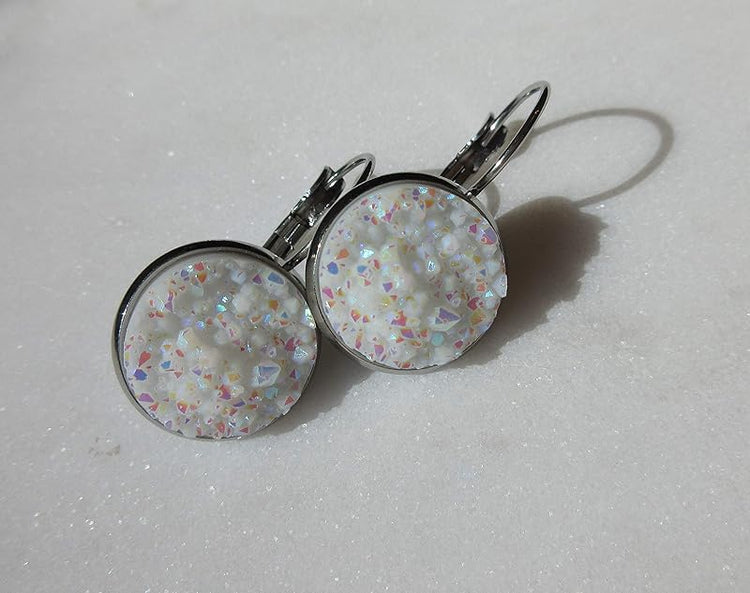 Summerfield Collection Stainless Steel Faux Druzy Stone Lever-back Drop Earrings 14mm (White)