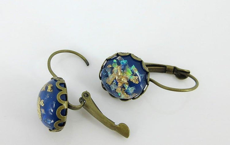 Summerfield Collection Antiqued Gold-tone Opalescent Leaf Resin Lever-back Drop Earrings (Blue)