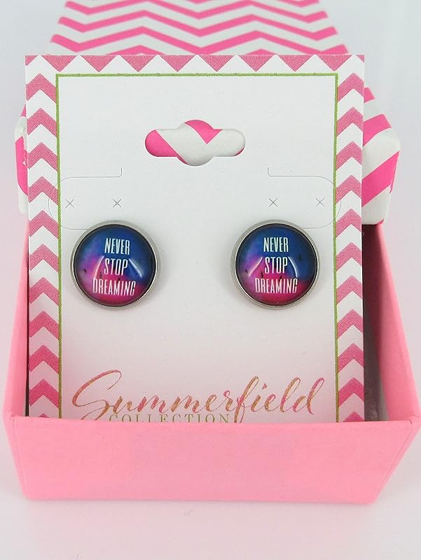 Summerfield Collection Stainless Steel Never Stop Dreaming Print Glass Stud Earrings 12mm