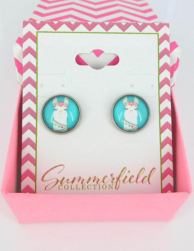 Summerfield Collection Stainless Steel Llama Print Glass Stud Earrings 12mm (Teal Face)