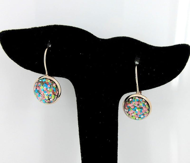 Summerfield Collection Rose Gold-tone Pink Aqua Green Metallic Glitter Resin Lever-back Drop Earrings